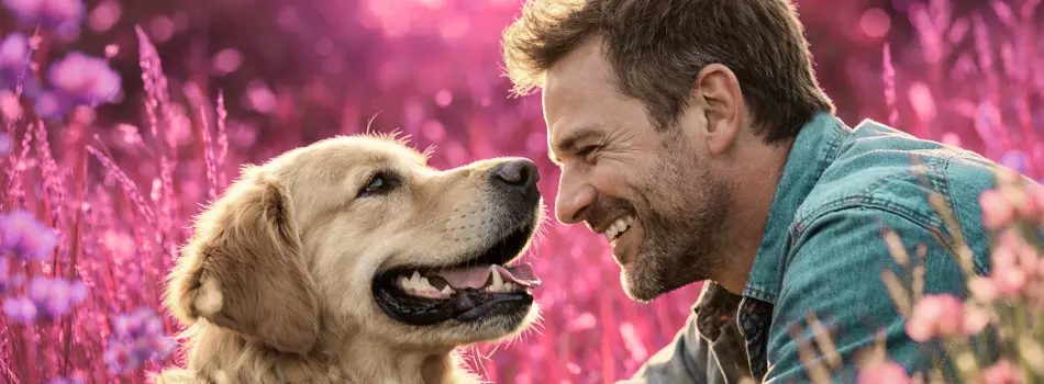 Ein Hund mit einem Herrchen auf einer Sommerwiese