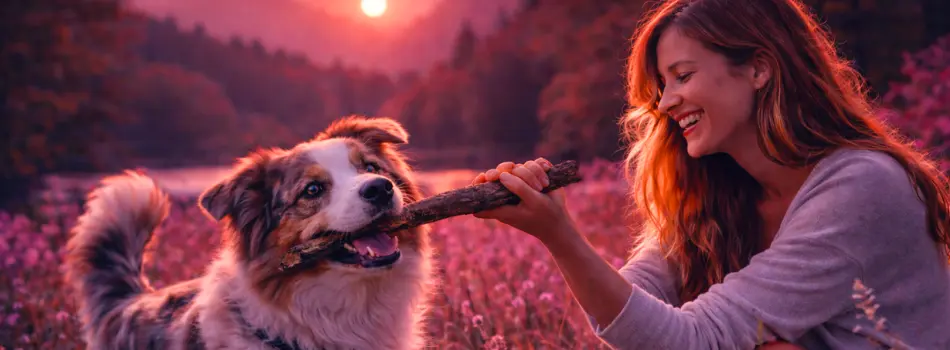 Frau spielt mit ihrem Hund bei Sonnenuntergang