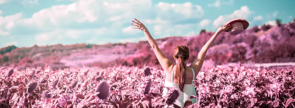 Frau steht in einem sonneblumenfeld und hebt fröhlich ihre Arme